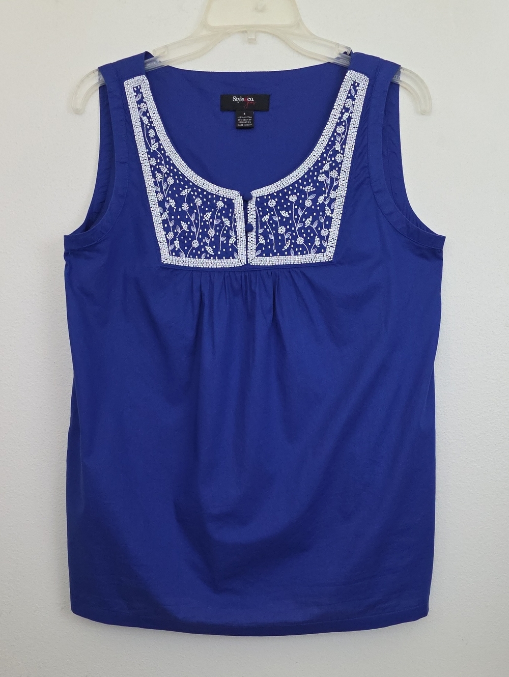 Style & Co. Blue w/ White Beaded 100% Cotton Sleeveless Top (Read Faint Mark) 6